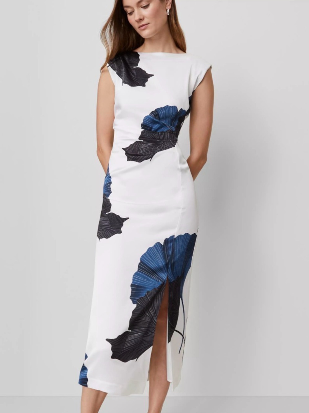 NWT Ann Taylor Floral Satin Sheath Dress White Blue Slit 12